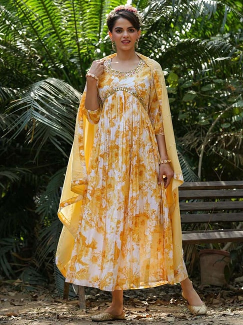 SCAKHI Yellow Cotton Floral Print Maxi Dress With Dupatta Price in India