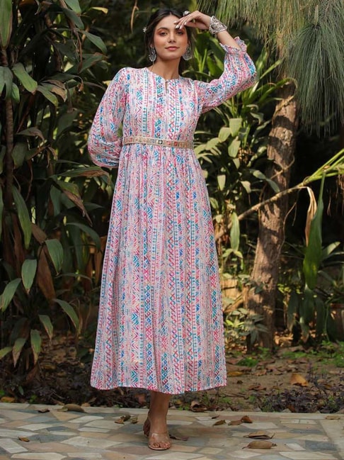 SCAKHI Multicolored Printed Maxi Dress With Belt Price in India