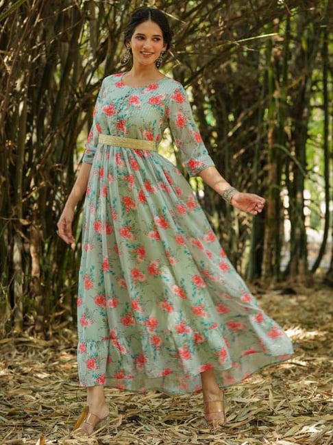 SCAKHI Green Floral Print Maxi Dress With Belt Price in India