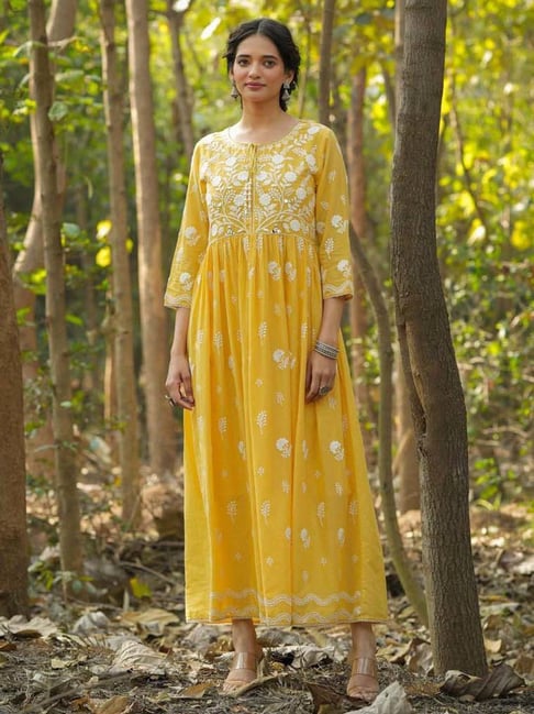 SCAKHI Mustard Cotton Embroidered Empire-Line Dress Price in India