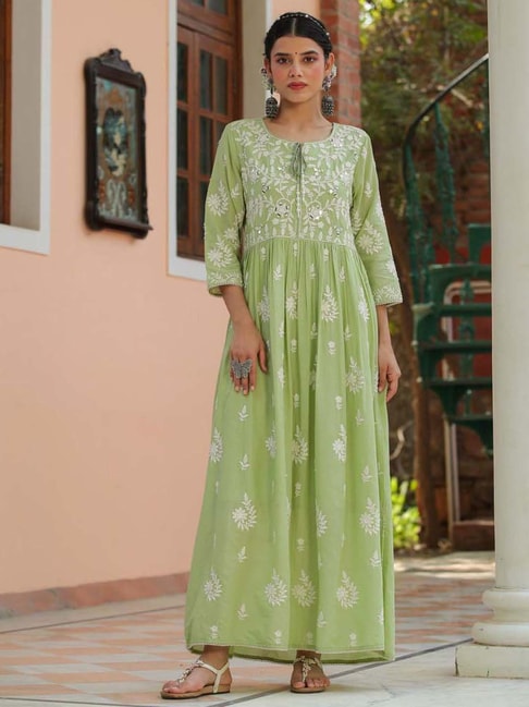 SCAKHI Green Cotton Embroidered Empire-Line Dress Price in India