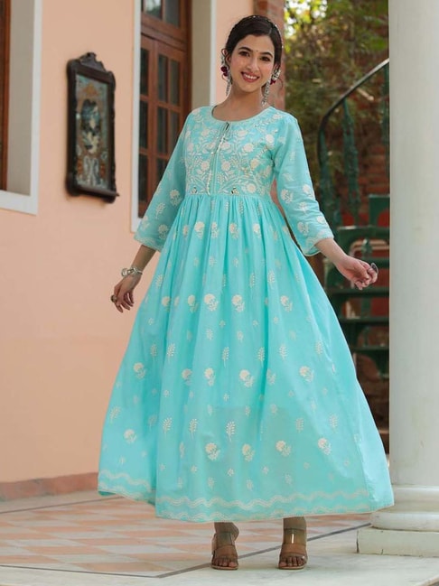 SKY BLUE PATTERNED ANARKALI GOWN SET WITH A COLOURED MIRROR EMBROIDERED  BODICE PAIRED WITH A CONTRAST GOLD EMBROIDERED DUPATTA. - Seasons India