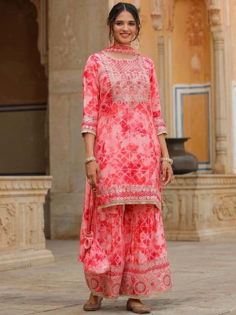 SCAKHI Pink Embroidered Kurta Sharara Set With Dupatta & Potli Price in India