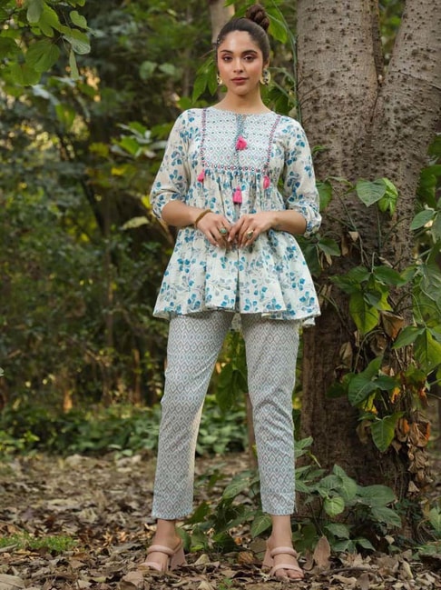 SCAKHI White & Blue Printed Tunic Pant Set Price in India
