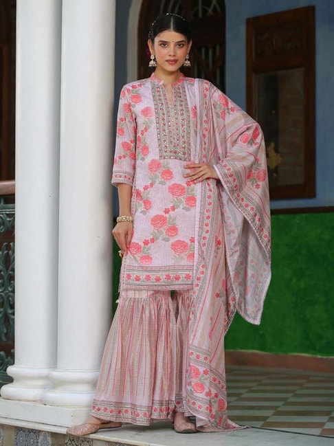 SCAKHI Pink Floral Print Kurti Sharara Set With Dupatta Price in India