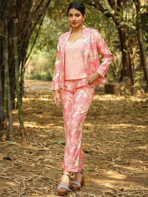 SCAKHI Pink Printed Top Pant Set With Blazer Price in India
