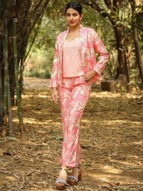 SCAKHI Pink Printed Top Pant Set With Blazer
