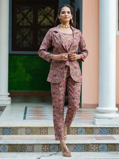 SCAKHI Mauve Pink Floral Print Top Pant Set With Blazer
