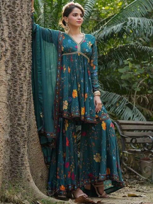 SCAKHI Teal Green Floral Print Kurti Sharara Set With Dupatta