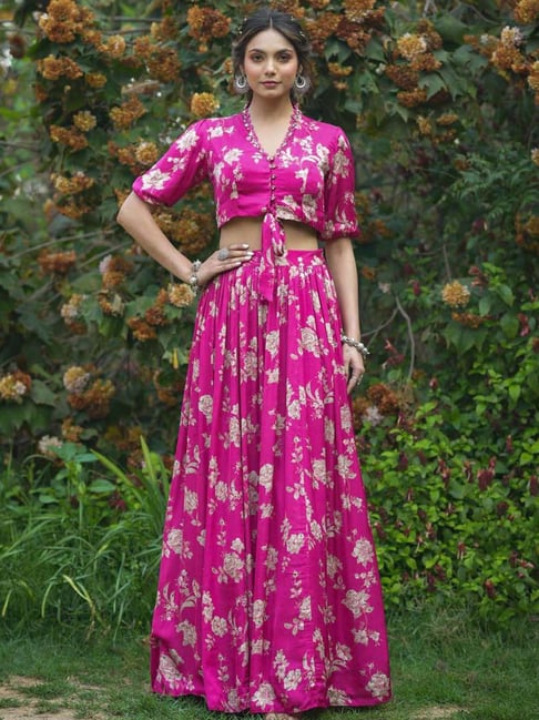 SCAKHI Pink Floral Print Crop Top Skirt Set Price in India