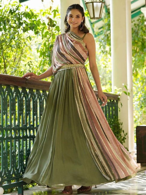 SCAKHI Green Embellished Maxi Gown With Belt Price in India