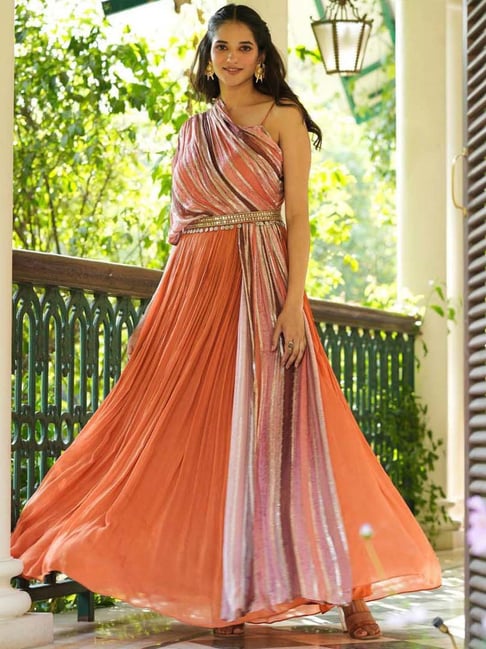 SCAKHI Rust Embellished Maxi Gown With Belt Price in India