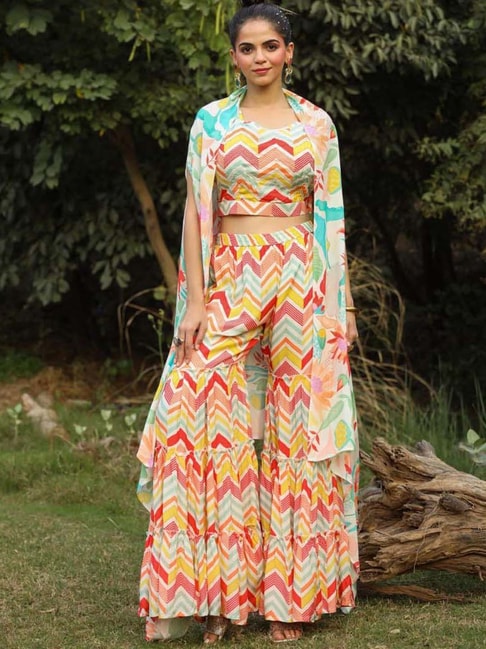 SCAKHI Multicolored Printed Crop Top Sharara Set With Cape Price in India