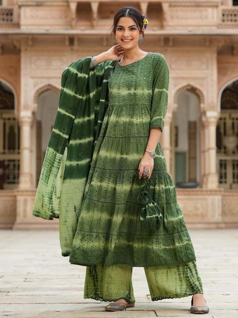 SCAKHI Green Cotton Embroidered Kurta Palazzo Set With Dupatta & Potli Price in India