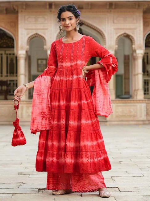 SCAKHI Red Cotton Embroidered Kurta Palazzo Set With Dupatta & Potli Price in India