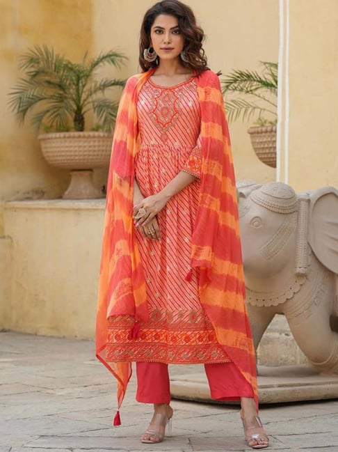 SCAKHI Orange Embroidered Kurta Pant Set With Dupatta Price in India