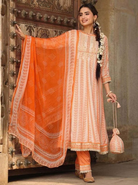 SCAKHI Orange Embroidered Kurta Pant Set With Dupatta & Potli Price in India