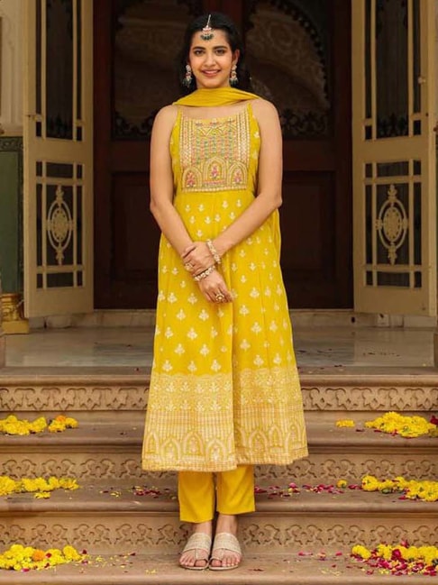 SCAKHI Yellow Printed Kurta Pant Set With Dupatta Price in India