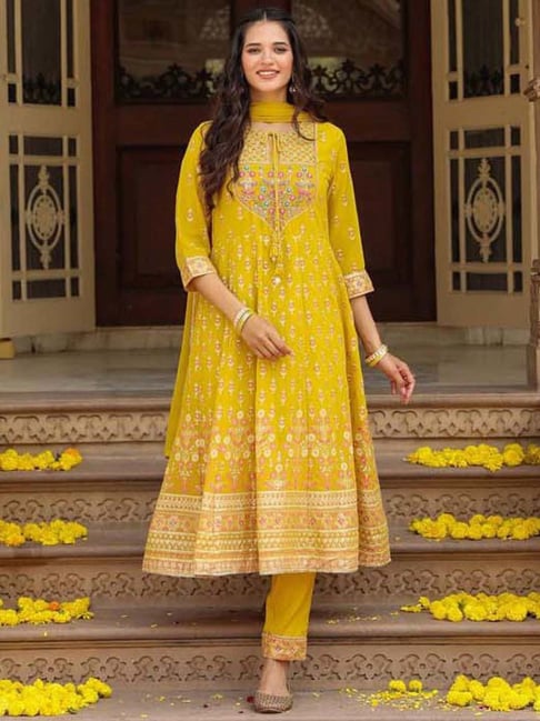 SCAKHI Yellow Floral Print Kurta Pant Set With Dupatta