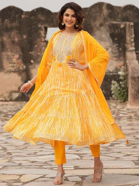 SCAKHI Yellow Cotton Embroidered Kurta Pant Set With Dupatta Price in India