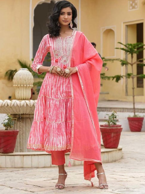 SCAKHI Pink Cotton Embroidered Kurta Pant Set With Dupatta Price in India