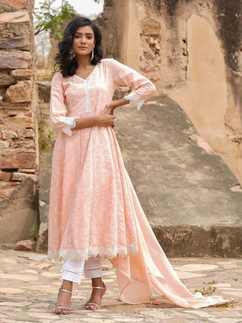 SCAKHI Peach & White Printed Kurta Pant Set With Dupatta