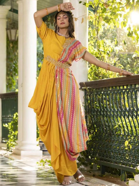 SCAKHI Yellow Striped Maxi dress Draped Dress With Belt Price in India