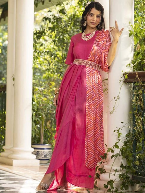 SCAKHI Pink Printed Maxi dress Draped Dress With Belt Price in India