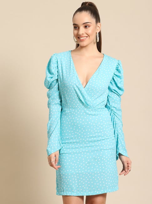 DODO MOA Blue Polka Dot Print Wrap Dress