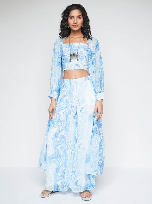 Charcoal Embroidered Jacket, Crop Top and Skirt Set - Osaa by Adarsh