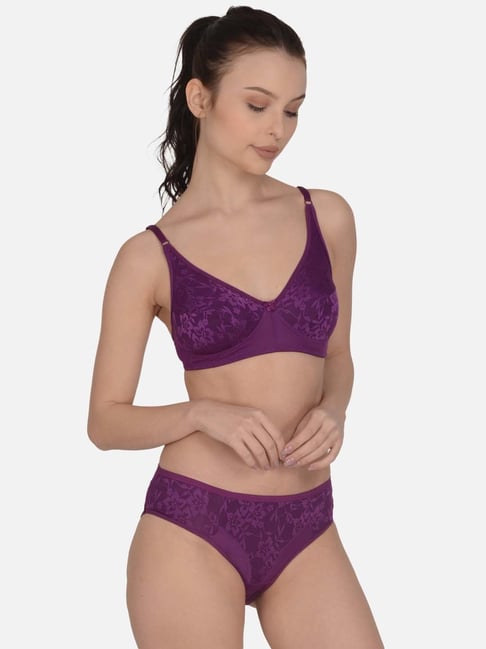 mod & shy Purple Self Pattern Non-Padded Lingerie Set