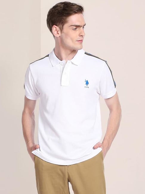 Polo White Knit Cotton Slim Fit Printed Polo T-Shirt
