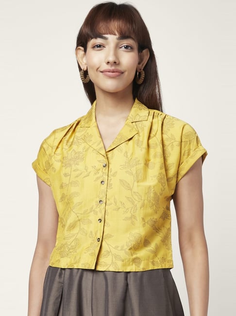 Akkriti by Pantaloons Mustard Floral Print Crop Shirt-picture-26