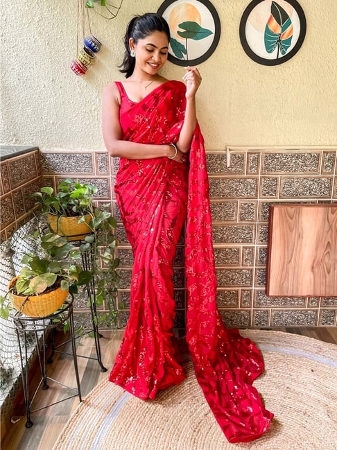 Saree Mall Red Embellished Saree With Unstitched Blouse