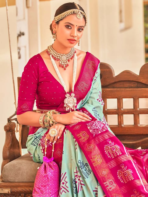 Pink and green blouse with a colourful peacock embossed. ❤️ . Photo by  @jeevanphotography // | Wedding blouse designs, Bridal blouse designs,  Fancy blouse designs