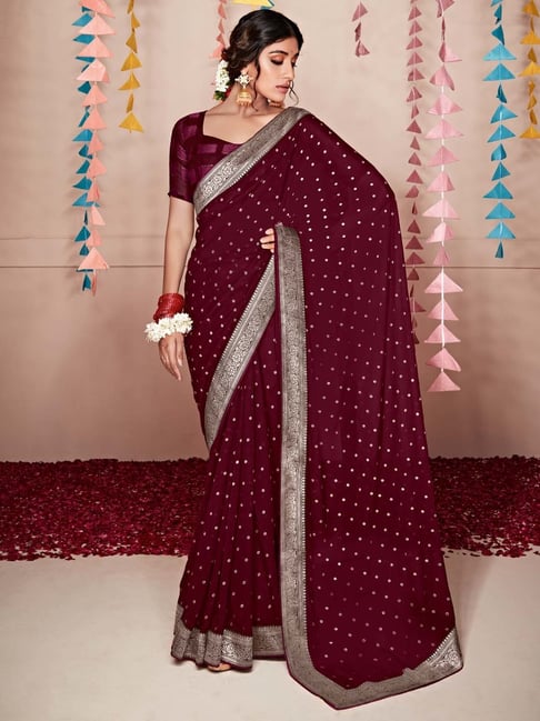 Stone Silk Maroon Wedding Saree with Blouse - SR25230