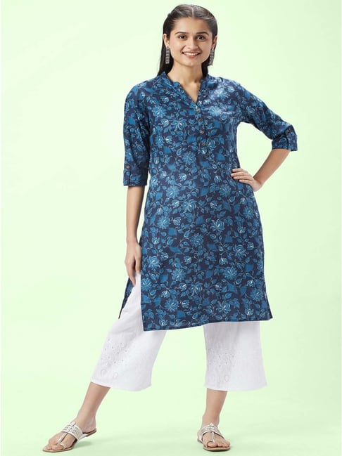 Rangmanch by Pantaloons Teal Blue Printed Straight Kurta