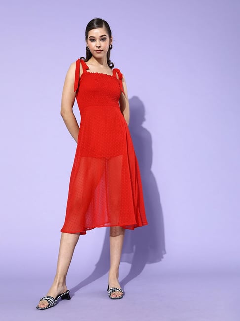 Buy Red Chiffon Block V Neck Peony Midi Dress For Women by Kalakaari By  Sagarika Online at Aza Fashions.