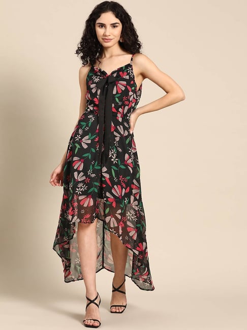 Black floral high low cheap dress