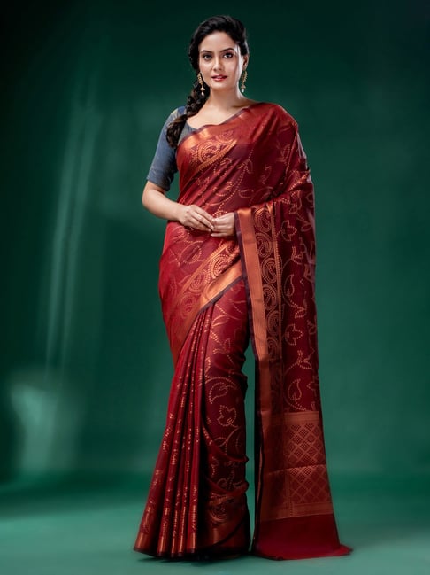 Dark Red Cotton Handspun Saree – Charukriti