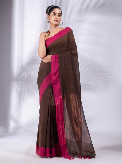 Printed Cotton Saree in Dark Brown | Saree look, Printed sarees, Saree