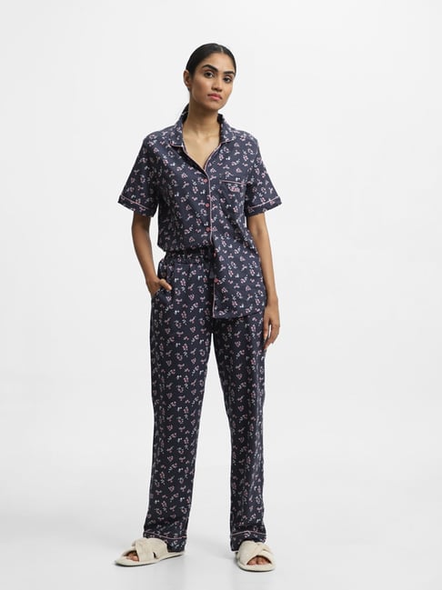 Wunderlove Blue Floral Printed Shirt and Pyjamas Set – Westside