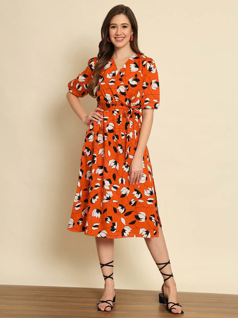 Orange floral cheap wrap dress