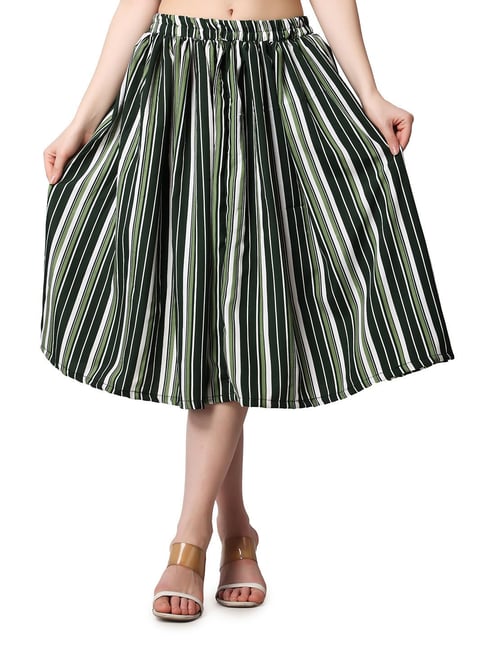 Cation Green Striped A-Line Midi Skirt