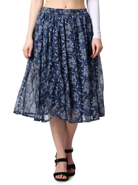 Cation Blue Floral Print A-Line Midi Skirt