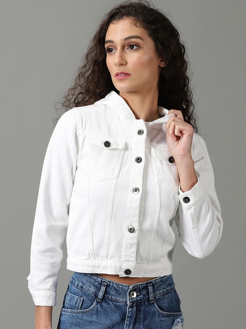 Buy online Women Cream Solid Denim Jacket from jackets and blazers and  coats for Women by Showoff for ₹2089 at 60% off | 2024 Limeroad.com