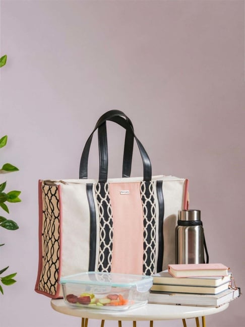 Buy Nestasia Large Pink White Handcrafted Canvas Cotton Tote Bag