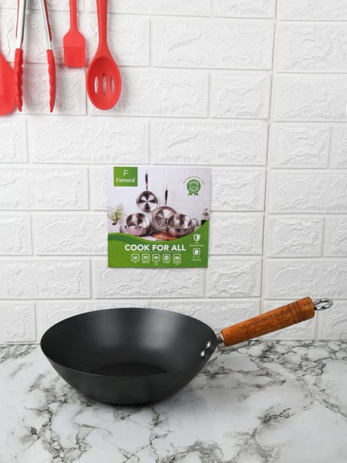 Femora Black Carbon Steel 26.5 cm Kadhai With Wooden Handle