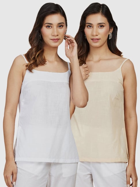 Fabindia White & Beige Cotton Camisole - Pack Of 2-picture-19