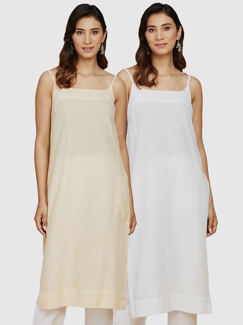Fabindia White & Beige Cotton Long Camisole - Pack Of 2-picture-18